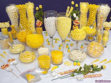 Yellow Candy Buffet    Wow your party guests with a yellow candy extravaganza! This candy buffet features lots glass containers, scoops, of course yummy yellow White Candy Table, Yellow Candy Buffet, White Candy Buffet, Jungle Book Party, Donut Dessert, Yellow Candy, Yellow Party, Snack Board, Bright Florals