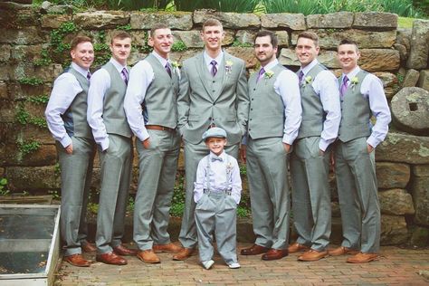 Groom. Groomsmen. Purple and yellow. Gray suits brown shoes Groomsmen Vest Only, Groomsmen Attire Grey, Purple Groomsmen, Groomsmen Vest, Wedding Groomsmen Attire, Groomsmen Grey, Groom And Groomsmen Suits, Groomsmen Outfits, Groom And Groomsmen Attire