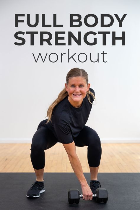 Build strength for your everyday life with this FULL BODY Functional Training Workout! The best strength exercises for women - especially busy moms! This workout is under 25 minutes and requires just a set of dumbbells. Modifications provided for beginner and advanced levels. Strength Training Exercises For Women At Home, Full Body Strength Training Workout For Women, Circut Training Workout With Weights, Hiit Strength Training Workouts, Group Strength Training Workout, Strength Training Class Ideas, Functional Movement Workout, Strength Circuit Workouts, Functional Full Body Workout