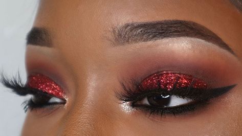 Red Eyeshadow On Black Women, Smokey Red Eyeshadow, Red Makeup Looks On Black Women, Burgundy Make Up Looks, Easy Red Eyeshadow Looks, Red Gem Makeup, Black And Red Smokey Eye, Red Makeup Looks Black Women, Red And Black Smokey Eye