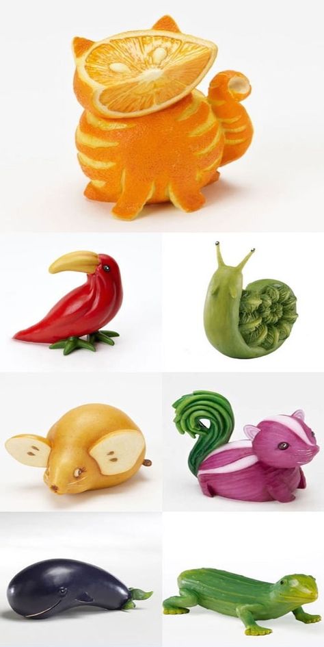 Veggie Animals, Art Cook, Deco Fruit, Fruit Animals, Decorações Com Comidas, Fruit And Vegetable Carving, Amazing Food Art, Creative Food Art, Vegetable Carving