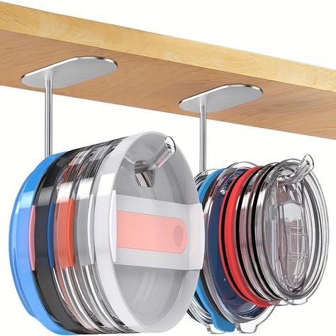 2 Pack Space Saving Cup Lid Organizer, Tumbler Lid Organizer For Tumbler/stanley Tumbler/ Lids, Space Saving Cup Lid Hook Self - Home & Kitchen - Temu Canada Under Cabinet Organization, Cabinet Organizers, Lid Organizer, Drinking Straw, Tidy Kitchen, Ceiling Fan In Kitchen, Hydro Flask, Cabinets Organization, Under Cabinet