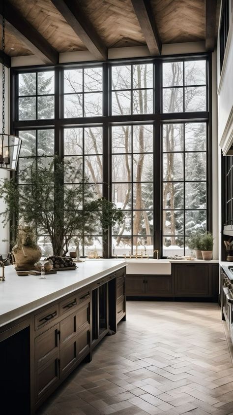 Kitchen Floor To Ceiling Windows, Kitchen With Large Windows, Barn House Kitchen, Farmhouse Kitchen Designs, Farmhouse Kitchen Design, Feel Like Home, Kitchen Inspiration Design, Stone Houses, Kitchen Designs