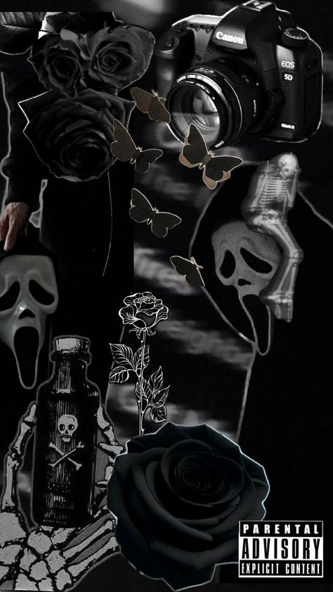 Asthetic Phone Case Pics, Cute Half And Half Wallpapers, Skulls Background Wallpapers, Ghost Face Collage Wallpaper, Scream Y2k Wallpaper, Wallpaper Backgrounds Ghostface, Black And White Gothic Wallpaper, Halloween Horror Nights Wallpaper, Ghostface Moodboard