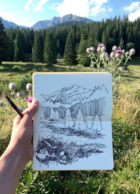 Linescapes Online Drawing Courses Art Sketching Aesthetic, Landscape Nature Drawing, Drawing Landscapes Tutorial, Marker Landscape Drawing, Landscape Architecture Aesthetic, Sketching Outside, Train Drawing Sketches, How To Draw Landscape, Landscape Architecture Sketch