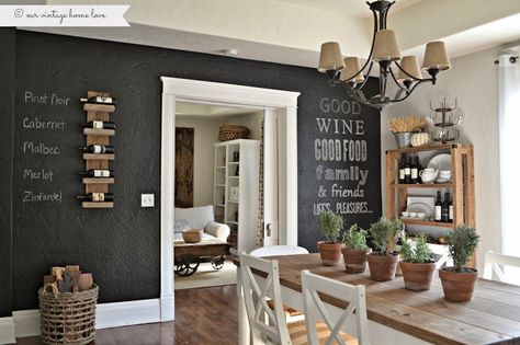 Chalkboard Wall Chalkboard Walls, Pinterest Home Decor Ideas, Dining Room Shelves, Eclectic Dining Room, Living Colors, Eclectic Dining, Shelves Ideas, Rustic Dining Room, Dining Room Wall Decor