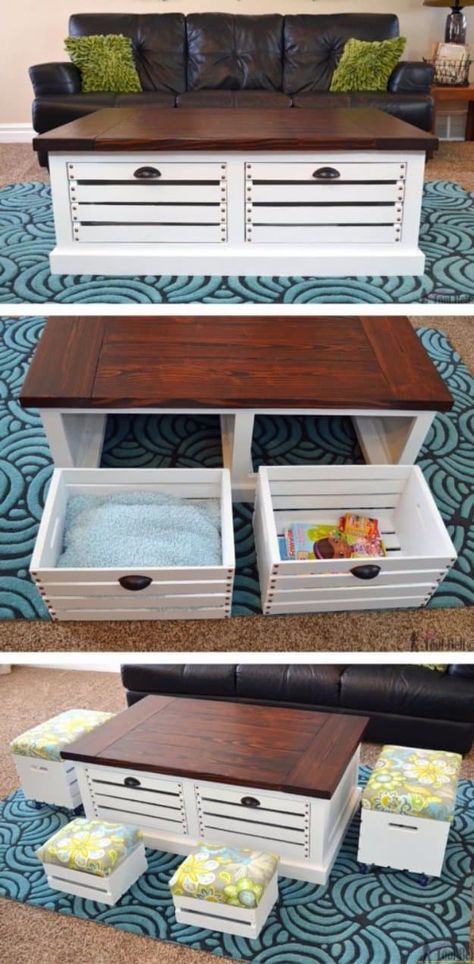 DIY Storage Ideas -Crate Storage Coffee Table and Stools - Home Decor and Organizing Projects for The Bedroom, Bathroom, Living Room, Panty and Storage Projects - Tutorials and Step by Step Instructions for Do It Yourself Organization #diy Wood Crate Coffee Table, Diy Bench Seat, Coffee Table With Stools, Build A Coffee Table, Diy Wooden Crate, Crate Coffee Table, Bench Design, Diy Table Top, Storage Coffee Table