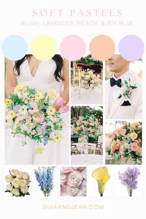 Embrace the enchanting beauty of spring with pastel garden wedding blooms and explore the magic of spring pastel floral arrangements. Sunset Garden Wedding Theme, Spring Wedding Pastel, Pastel Forest Wedding, Rustic Pastel Wedding Theme, Garden Wedding Palette, Pastel Color Wedding, Wedding Pastel Colors, Pastel Wedding Palette, Flower Color Combinations