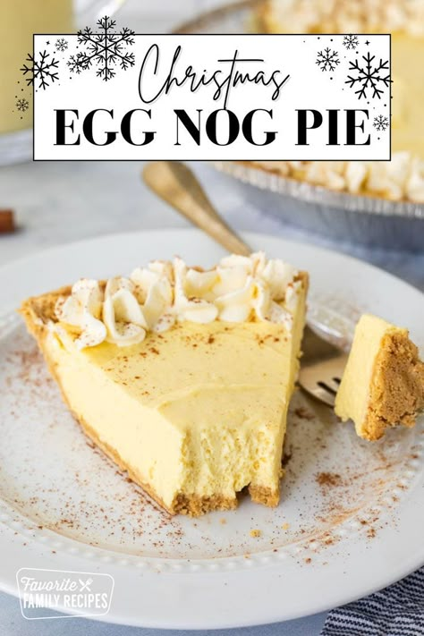 Egg Nog Pie is a must around the holidays. You'll love the creamy texture and holiday flavors. It is the perfect rich cream pie that just tastes like Christmas. Because it is a no-bake dessert, it’s so easy to make. The egg nog pie is rich, cool, and creamy, but with the warm seasonings, you’ll feel like you are sitting cozy around a fire. Egg Nog No Bake Cheesecake, Eggnog Cream Cheese Pie, Egg Nog Cream Pie, Egg Nog Custard Pie Recipe, Egg Nog Pie Recipe, Eggnog Baking, Easy Christmas Pies, Christmas Dessert Recipes Baking, Christmas Pies