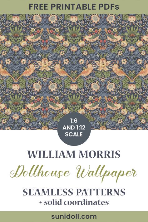 william morris wallpaper in miniature for dollhouses - seamless patterns in 1:6 and 1:12 scale you can download for free Miniature Patterns Free Printable, William Morris Free Download, Dollhouse Printables Wallpaper, Free Printable Miniatures Dollhouse 1.12, Dollhouse Wallpaper Printable Free Miniatures, William Morris Free Printable, Printable Wallpaper Dollhouse, Dollhouse Miniature Printables Free, Dollhouse Wallpaper Ideas