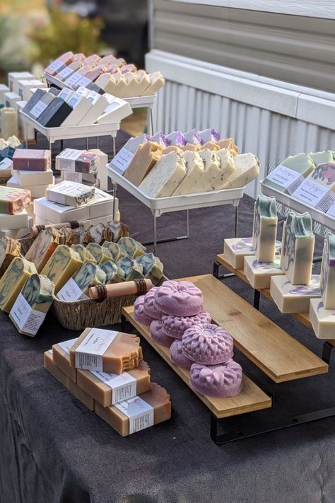 Hello everyone in the lower mainland of British Columbia Canada. True Soapery will be a vendor at the Makers Market August 7 ,12-4 being held at the Artful Dodger Pub Patio Lot. 2364 200 st.Langley, B.C. looking forward to spreading a lot of soapery love 😍 Small Soap Display Ideas, Diy Soap Display Craft Booths, Soap Selling Display, Soap Farmers Market Display, Soap Marketing Ideas, Farmers Market Soap Display, Soap Market Display, Soap Displays For Craft Shows, Soap Display Ideas