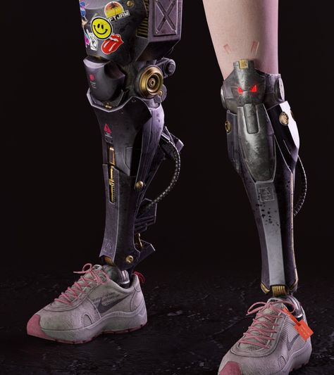 Street Cyberpunk, Leg Prosthesis, Cyberpunk Games, Prosthetic Leg, Oc Inspiration, Arte Robot, Cyberpunk Aesthetic, Tokyo Street, Cyberpunk Style