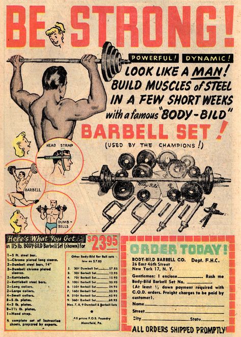 Be Strong!  Only $23.95 gets you a full barbell set! --- 1951 ad from Ghost Comics #1 Gym Poster Aesthetic, Vintage Gym Poster, Retro Gym Aesthetic, Vintage Gym Aesthetic, Vintage Bodybuilder, Retro Bodybuilding, Bodybuilding Poster, Bodybuilding Art, Vintage Bodybuilding