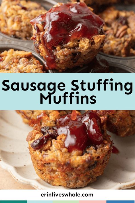 Looking for a new twist on an old favorite? Sausage stuffing muffins are the perfect bite-sized snacks or appetizers for the holidays. Not only are they easy to make, but they're also packed with flavor and a touch of festive cheer. Pair with your favorite cranberry sauce for a sweet and savory combo that’ll have everyone grabbing seconds! Stuffin Muffins Rachael Ray, Stuffing In Muffin Tins Recipe, Stuffing Muffins Recipes, Stuffing Muffins Stove Top, Stuffing Appetizer Recipes, Stuffing Muffins Thanksgiving, Sausage Stuffing Bites, Sausage Stuffing Muffins, Sausage Cranberry Stuffing