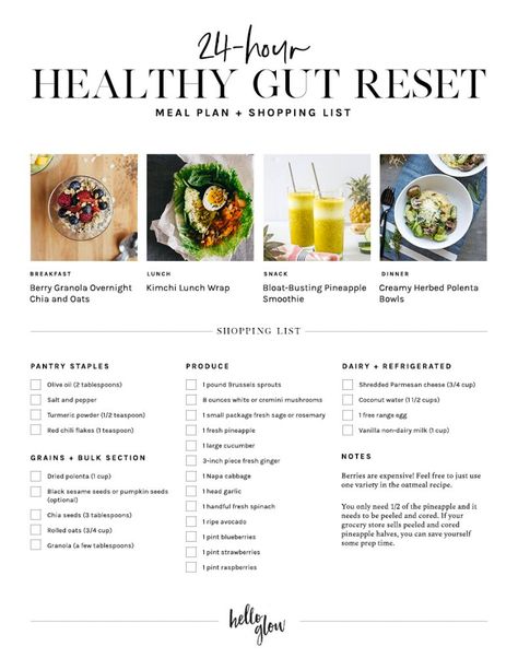 24-Hour Healthy Gut Reset Meal Plan + Shopping List | Hello Glow Reset Meal Plan, Meal Plan Shopping List, Leaky Gut Diet, Gut Reset, Detox Meal Plan, Gut Health Diet, Breakfast Low Carb, Oat Smoothie, Gut Health Recipes