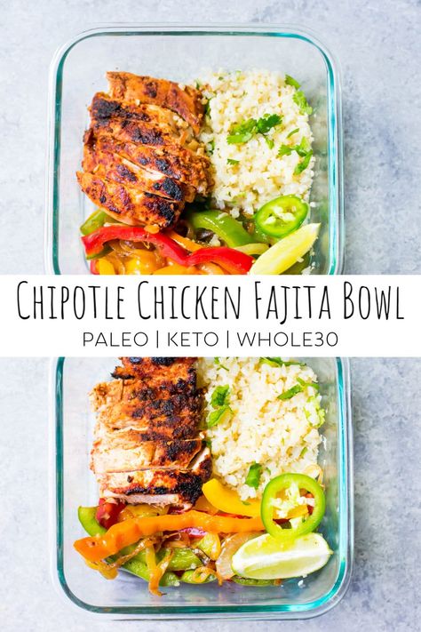 This recipe for Chipotle Chicken Fajita Bowls is the perfect meal prep dish! These chicken fajita bowls are Paleo and low carb, Whole30 compliant and super tasty!  It works for an easy weeknight meal or for quick and easy meal prep lunches. #whole30 #paleo #keto #whole30recipes #ketorecipes Keto Easy Meal Prep, Paleo Lunch Recipes, Paleo Recipes Lunch, Easy Meal Prep Lunches, Clean Meal Prep, 30 Diet, Paleo Meal Prep, Keto Easy, Fajita Bowls