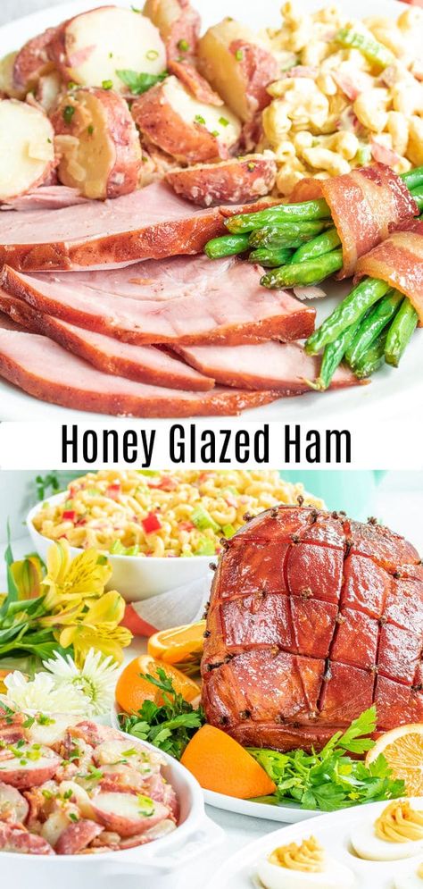 Honey Glazed Ham is an easy recipe for baked ham with a glaze made form honey, brown sugar, ginger, and orange zest. Bake your spiral ham or whole fully-cooked ham, bone-in or boneless in the oven with this delicious sweet glaze. It's the best honey glazed ham recipe you can make for Easter dinner or Christmas dinner! #ham #honey #Easter #Christmas #easydinnerrecipes #homemadeinterest Honey Ham Recipe, Easy Ham Recipes, Honey Ham Glaze Recipe, Ham Recipes Baked, Holiday Dinner Recipes, Honey Glazed Ham, Ham Glaze Recipe, Easter Ham, Honey Ham