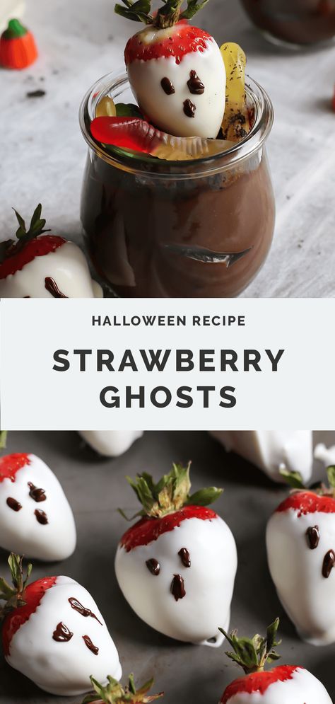 Strawberry Ghosts Cute Halloween Baking, Ghost Strawberries, Strawberry Mushrooms, Strawberry Ghost, Strawberry Ghosts, Fall Produce, Yummy Fall Recipes, Chocolate Covered Strawberry, Halloween Treats Easy