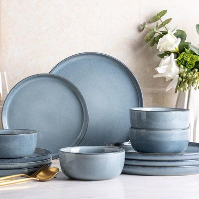 Features: Lead free, non-toxic stone ware,safe in microwave, freezer, dishwasher.Choose recyclable pro-grade materials, fired up to 2,340℉ for strength and durability.This 12pcs dinnerware set including 4*10.5-inch dinner plates, 4*8.5-inch appetizer/snack/salad plates, and 4*24 oz soup/cereal bowls.The plates feature a matte reactive glaze that provides resistance against wear and tear and allows the plates to be stacked securelyService For: 4Plate Types Included: Dinner Plate; Salad PlateDinne Tableware Setting, Blue Tableware, Snack Salad, House Aesthetics, Dinner Ware, Angel Blue, Ceramic Dinnerware Set, Stoneware Dinnerware Sets, Setting Ideas