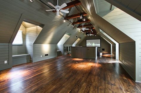 Amazing attic media room with green wood paneling and built-in TV nook. Attic Media Room, Attic Bonus Room, Attic Renovation Ideas, Attic Lighting, Finished Attic, Attic Loft, Attic House, Attic Flooring, Attic Room