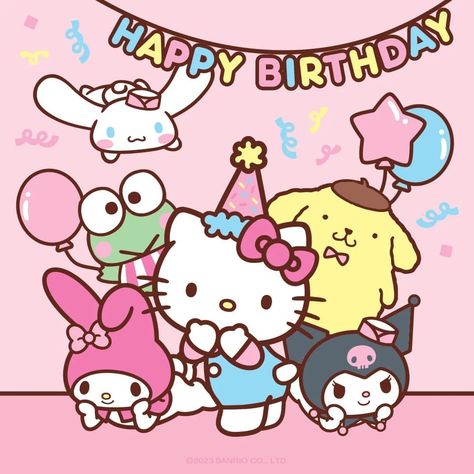 Cute Drawings Hello Kitty And Friends, Hello Kitty With Kuromi, Sanrio Characters Birthday, Sanrio Birthday Card Template, Sanrio Birthday Wallpaper, Sanrio Bday Cards, Sanrio Bday Invitation, Hello Kitty Bday Cards, Kawaii Birthday Cards