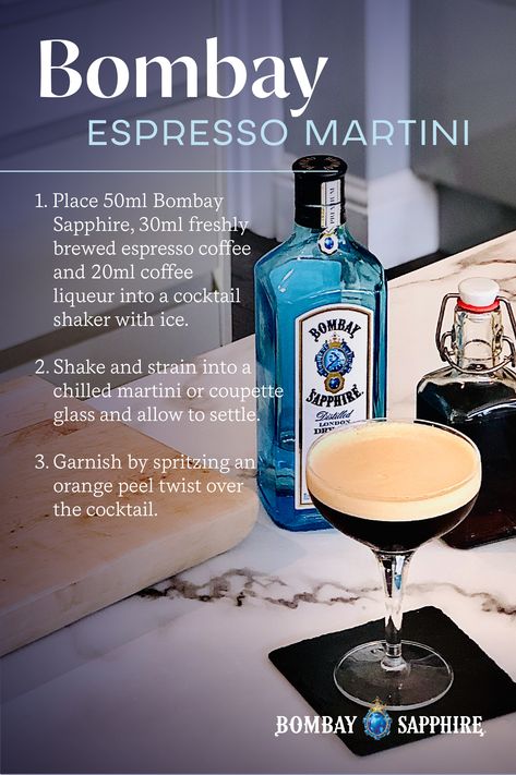 Gin Espresso Martini, Bombay Gin Cocktails, Bombay Sapphire Gin Cocktails, Whisky Map, Beautiful Drink, Cocktail Shots, Gin Recipes, Gin Drinks, Bombay Sapphire