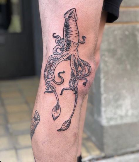 Vampire Squid Tattoo, Octopus Tattoos Arm, Oarfish Tattoo, Zoo Animal Tattoos, Giant Squid Tattoo, Fish Tattoos For Men, Oceanic Tattoo, Thick Line Tattoos, Swordfish Tattoo