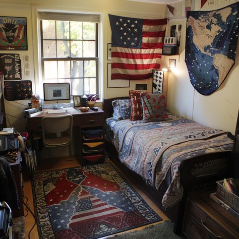 college dorm ideas for guys vintage americana College Dorm Ideas, Room Ideas For Guys, Dorm Room Ideas For Guys, Dorm Room Comforters, Vintage Dorm, Room Decor Men, Guy Dorm Rooms, Guy Dorm, Futuristic Decor