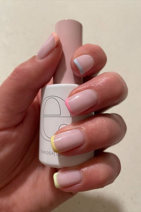 Nails Coloured French Tips, Coloured French Nails Tips Short, Esmio Nails, French Pastel Nails, Colourful French Nails, Colour French Tips Nails, Coloured French Nails Tips, Colourful French Tip Nails, Biab Designs