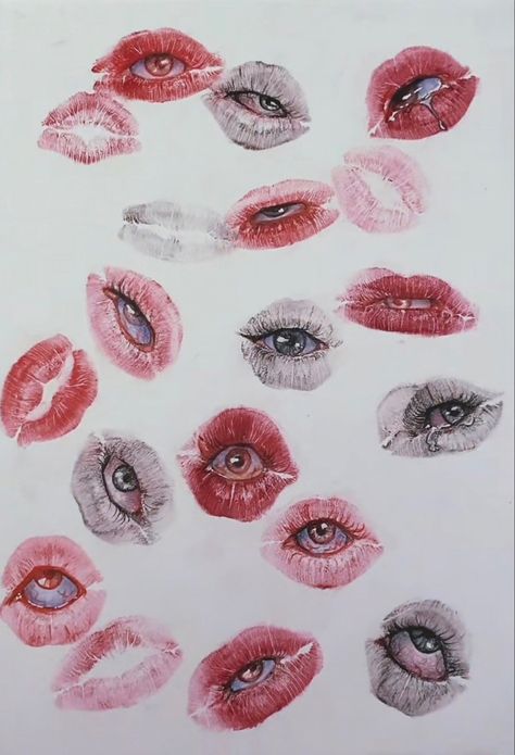 Lipstick Eye Art, Lipstick Eyes Drawing, Lips Eyes Drawing, Lipstick Drawing, Tik Tok Art, Moon Paintings, Biro Drawing, Lipstick Eyes, Girl Power Art