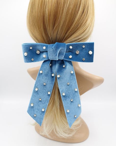 velvet hair bow, pearl hair bow, rhinestone hair bow, embellished hair bow for women at $42.77 Bow With Pearls, Beaded Bow Hair Clips, Cute Adjustable Hair Accessories With Satin Bow, Rhinestone Hair Bow, Blue Adjustable Bow Hair Accessories, Velvet Hair, French Barrette, Headband Styles, Pearl Hair