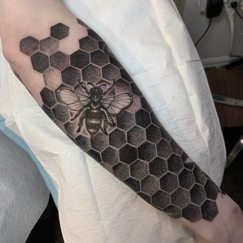 30 Best Honeycomb Tattoo Ideas  34 Bee Geometric Tattoo, Bee Tattoo Geometric, Bee Hexagon Tattoo, Geometric Honeycomb Tattoo, Honeycomb Bee Tattoo, Geometric Bee Tattoo, Tattoo Honeycomb, Bee Sleeve Tattoo, Hexagon Tattoos