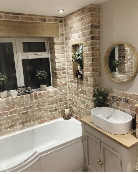 Exposed Brick Bathroom, Brick Wall Bathroom, Brick Bathroom, Brick Interior, Bathroom Farmhouse Style, Casa Country, Hello September, Small Bathroom Makeover, Bathroom Design Inspiration