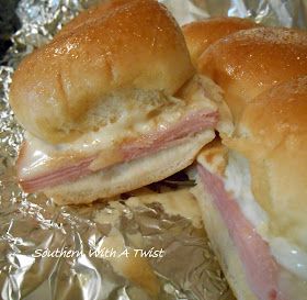 Hot Ham and Swiss Sandwiches Hot Ham And Cheese Sandwiches Baked In Foil, Ham And Swiss Sandwiches, Southern With A Twist, Swiss Cheese Recipes, Birthday Dinner Recipes, Ham Casserole Recipes, Ham And Swiss Sliders, Foil Bake, Recipes Sandwiches