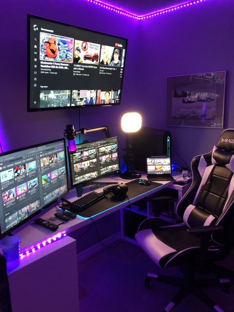 Tv Above Gaming Setup, Stream Room Setup, Gaming Room With Tv, 34 Inch Monitor Setup, Twitch Streaming Setup Room, Comfy Gaming Room, Computer Monitor Setup, Tv Gaming Setup, Streaming Room Ideas