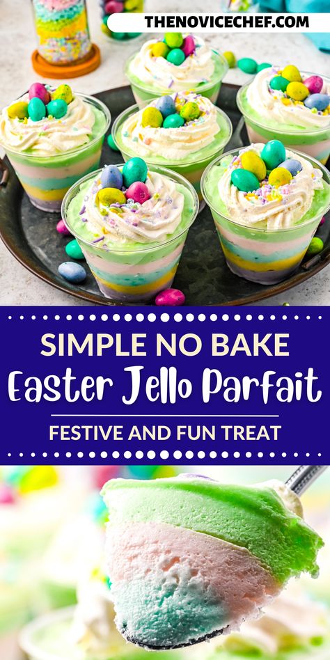 Jello Salad Easter, Spring Jello Salads, Easter Parfait Dessert Recipes, Easter Parfait Cups, Jello Eggs For Easter, Easter Jello Salad Recipes, Easter Jello Desserts, Easter Jello Recipes, Easter Jello Salad