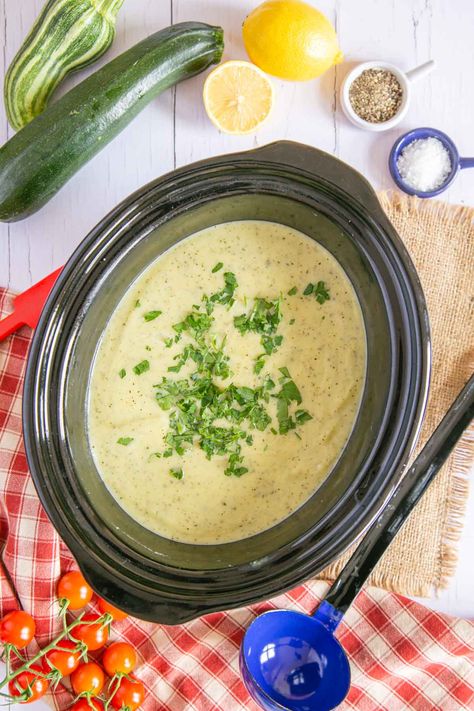 Slow Cooker Courgette Soup (Zucchini Soup) - Fuss Free Flavours Zucchini Soup Recipes Slow Cooker, Crock Pot Zucchini Soup, Zucchini Crockpot Soup, Slow Cooker Zucchini Soup, Zucchini Soup Recipes Creamy, Crockpot Zucchini Recipes, Slow Cooker Zucchini, Soup Zucchini, Courgette Soup