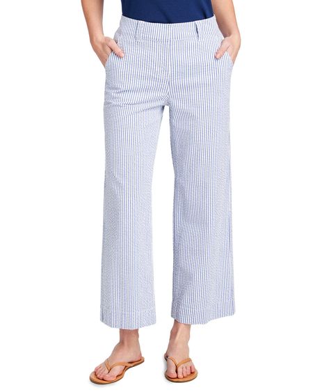 Shop Seersucker High Waist Cropped Pants at vineyard vines Seersucker Pants Outfit Women, Breton Stripe Shirt, Preppy Essentials, Classic Wardrobe Essentials, Seersucker Pants, Rustic Jewelry, Simple Tees, Classic Wardrobe, Pants Blue