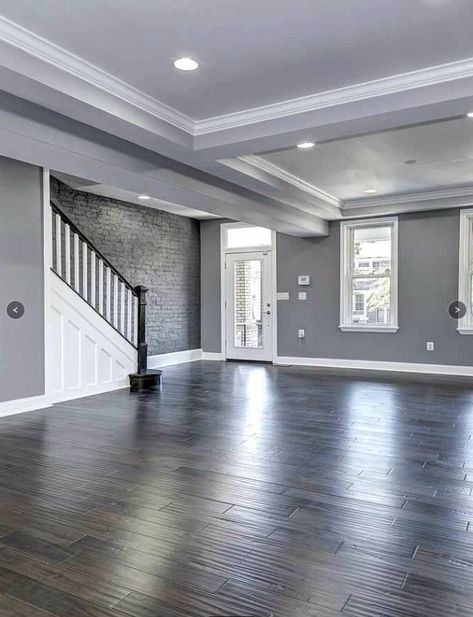 Black Wood Floors White Walls, Grey Black And White Living Room Gray Walls Paint Colors, Gray Tone Flooring, Modern Color Walls, Grey Color For Living Room, Dark Charcoal Flooring, Dark Gray House Interior, Grey Paint In Living Room, Greyish Floor Living Room