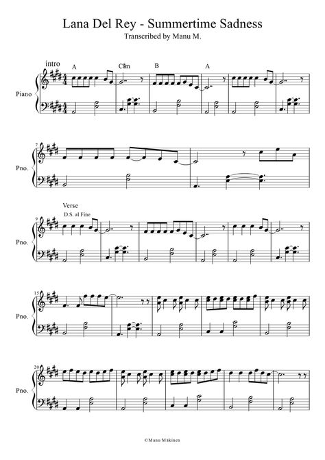 Lana Del Rey: Summertime Sadness piano sheet #1 Lana Del Rey Piano Notes, Summertime Lana Del Rey, Lana Del Rey Piano, Guitar Music Sheets, Oboe Music, Popular Piano Sheet Music, Piano Songs Sheet Music, Music Theory Piano, Sheet Music With Letters