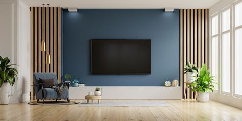 Dark Blue Tv Wall, Tv Slat Wall, Dark Accent Wall Living Room, Blue Feature Wall Living Room, Tv Panel Designs, Blue Accent Wall Living Room, Blue Feature Wall, Photo Tv, Tv Feature Wall