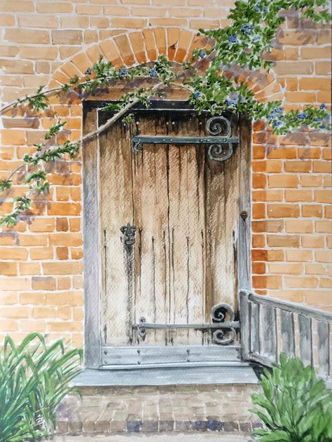 Brick Wall Watercolor, Watercolour Brick Wall, Brick Wall Painting Art, Door Reference, Doors Painting, Object Study, Aquarell Painting, Blending Colors, Old Brick Wall