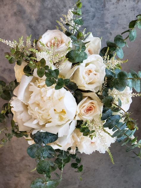 White peonies, white ohara roses, blush astilbe, spiral eucalyptus. Blush Astilbe, Spiral Eucalyptus, Peonies White, Peonies And Roses, White Peonies, Bridal Bouquet, Peonies, Bouquets, Blush