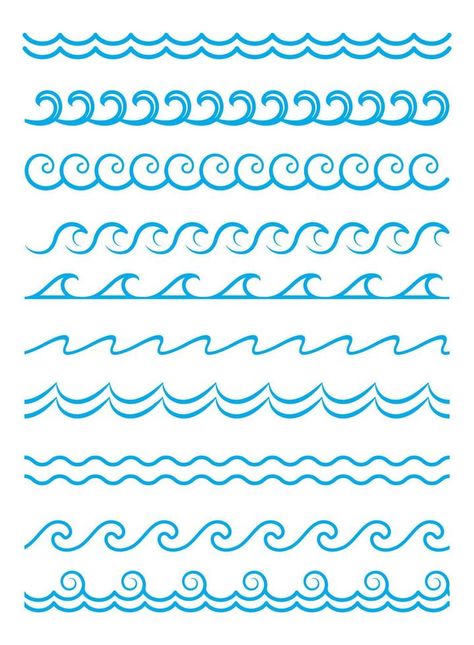 Sea and ocean waves, blue water surf borders Waves Border Design, Sea Borders Design, Ocean Border Design, Gcse Textiles, Wave Drawing, Water Surfing, Water Drawing, Border Designs, Shell Pattern