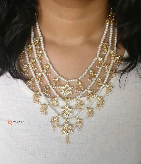 Three layer pearl kundan necklace. Shop from www.anicha.in or WhatsApp us on 9962376828 #kundanjewellery Three Layer Pearl Necklace, Diy Jewelry Videos, Couple Bands, Pearl Mala, Kundan Jewellery Set, Layered Pearl Necklace, Clothes Reference, Fancy Jewellery Designs, Gold Bridal Jewellery Sets