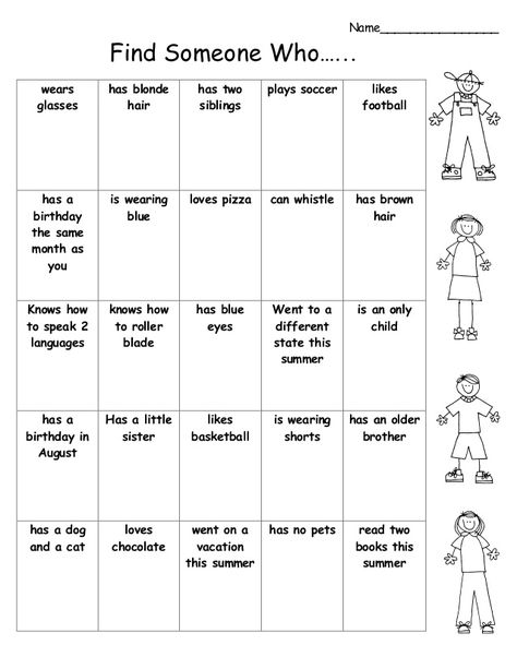 Name________________  Find Someone Who……  wears  glasses  has blonde  hair  has two  siblings  plays soccer likes  footbal... Power Hour Ideas For Kids, Peer Mediation, Outreach Ideas, Teacher Games, Get To Know You Activities, 13 Colonies, Reunion Games, Power Hour, Science Notebook