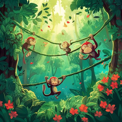 lush green forest with tall trees, vines, and colorful flowers. Longtailed macaque monkeys happily swinging through the branches. cartoon art style, children's book style Jungle Monkey Illustration, Monkey Jungle Illustration, Swing Illustration, Jungle Drawing, Animation Poster, Jungle Cartoon, Jungle Landscape, Lush Green Forest, Monkey Drawing