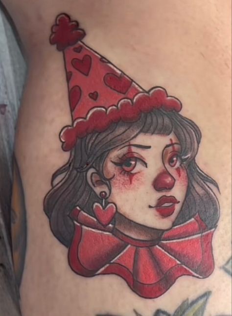 Girl Clown Tattoo, 1950s Tattoos, Tattoos Whimsical, Cute Clown Tattoo, Traditional Clown Tattoo, Clown Girl Tattoo, Tree With Birds Tattoo, Carnival Tattoo, Tattoos Mermaid