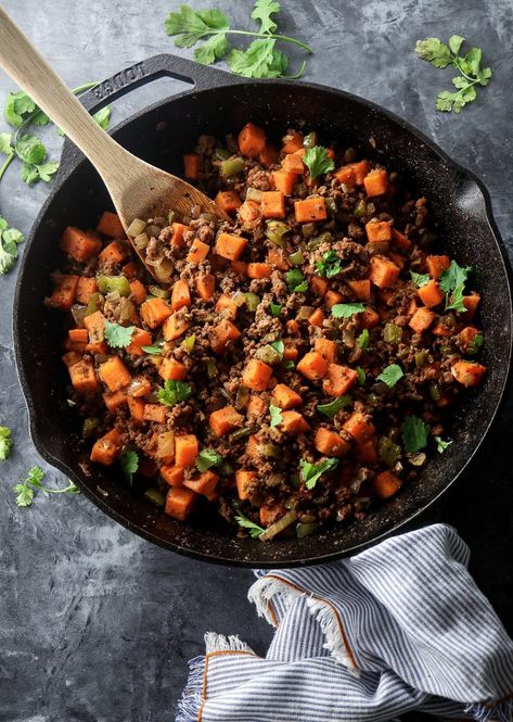 This Whole 30 approved and Gluten-Free Ground Beef and Sweet Potato hash is one of our favorite breakfasts, especially during the week. I like prepping a big batch of it at the beginning of the week, and it makes for the easiest breakfasts or lunches. You can eat it as is or pair with avocado,...Read More » Sweet Potatoes And Ground Beef Recipes, Healthy Ground Beef And Sweet Potato Recipes, Ground Lamb And Sweet Potato Recipes, Ground Beef Sweet Potato Bowl, Sweet Potato Ground Beef Bowl, Sweet Potato And Beef Recipes, Ground Beef With Sweet Potatoes, Beef And Sweet Potato Recipes, Ground Beef And Sweet Potato Recipes