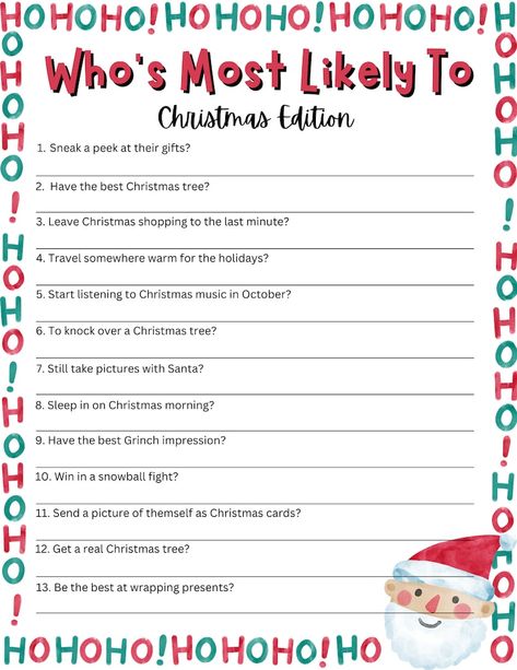 Who's Most Likely Christmas Edition Christmas Games Family Christmas Games Fun Christmas Games Family Party Games work Office Games - Etsy Senior Citizens Christmas Games, Christmas Work Party Ideas Activities, Christmas Games With Friends, Work Christmas Activities, Christmas Games For Family Activities, Christmas Gift Game Ideas, Most Likely To Christmas Edition, Employee Christmas Party Games, Christmas Work Activities